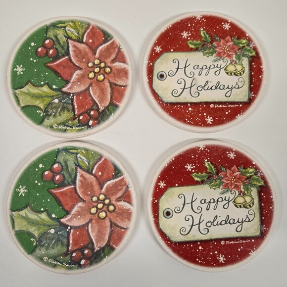 Christmas Poinsettia Coasters – Holiday Drink Coaster Set, Festive Ceramic - Picture 3 of 9